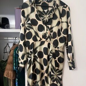 Black and Cream Polka Dot Satin Wrap Dress
